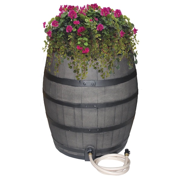 Emsco Group 50-Gallon Whiskey Rain Barrel w/Bands, Planter, Diverter, Hose, Flatback Design, Gray 2244-1 - main